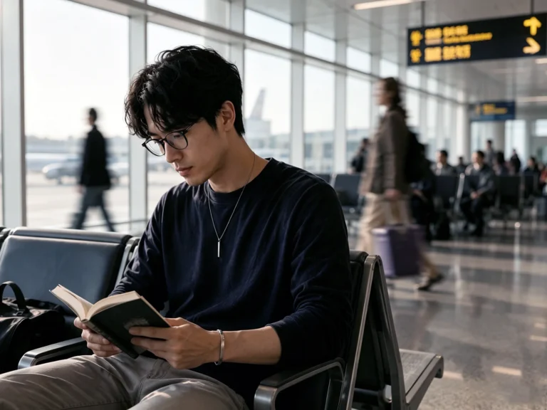 Person reading a book at an airport lounge while wearing minimalist stainless steel accessories