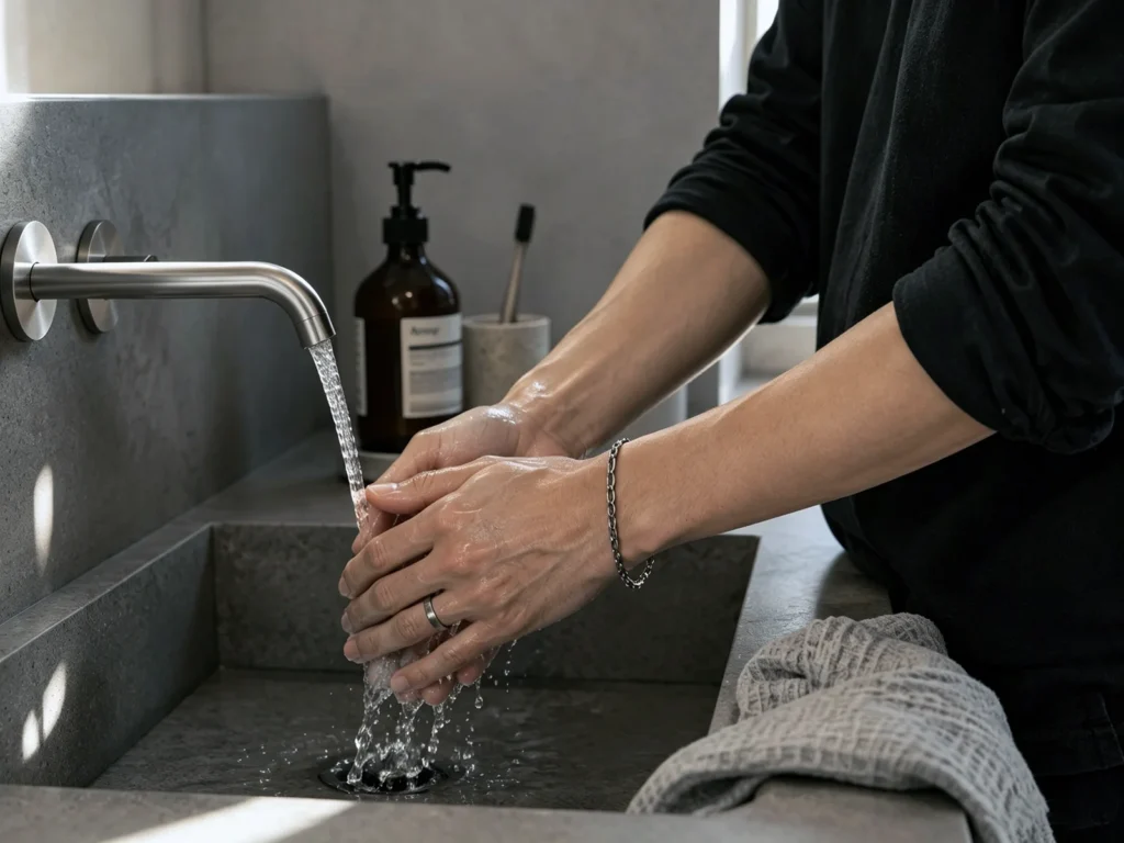 Hand washing while wearing stainless steel jewelry for everyday use