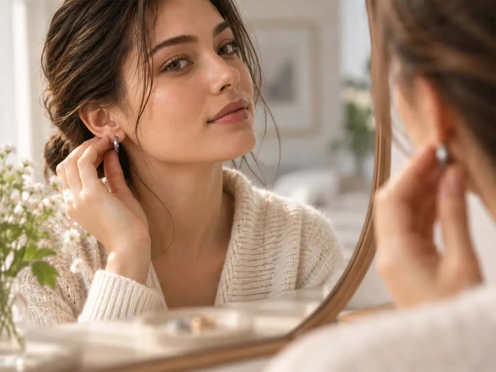 A woman wearing comfortable non nickel allergy jewelry in front of a mirror.