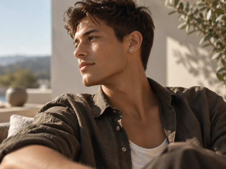 LUVERIKO Journal Issue 07 - Lightweight titanium stud earring worn in natural sunlight