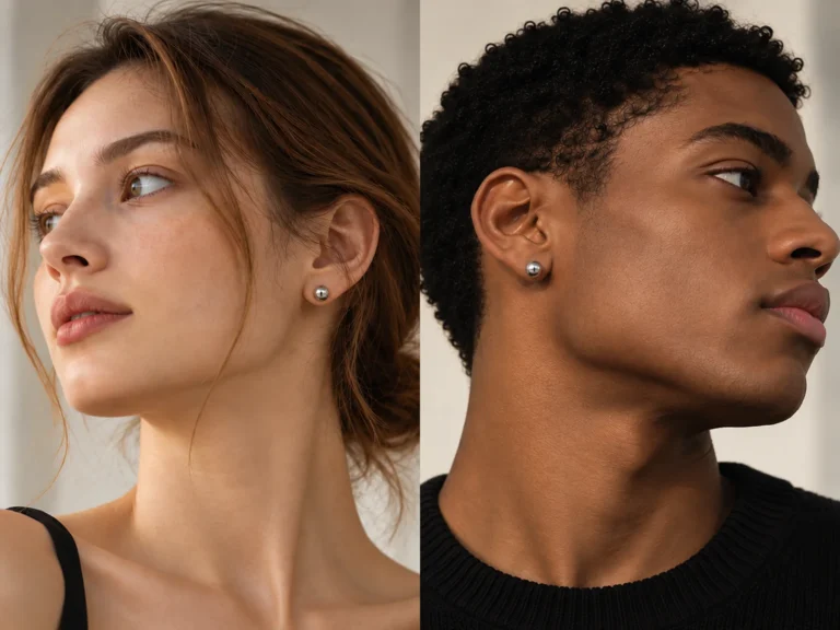 Comparison of minimalist stud earrings on different skin tones showcasing jewelry proportions and visual balance