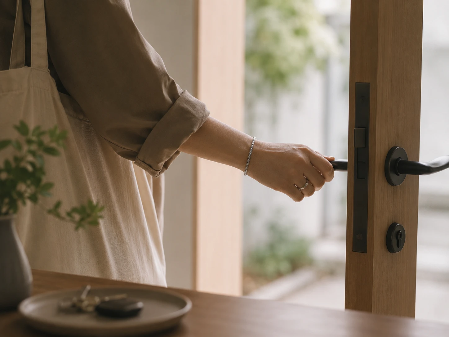 Minimalist titanium jewelry worn on hand opening a wooden door in natural light