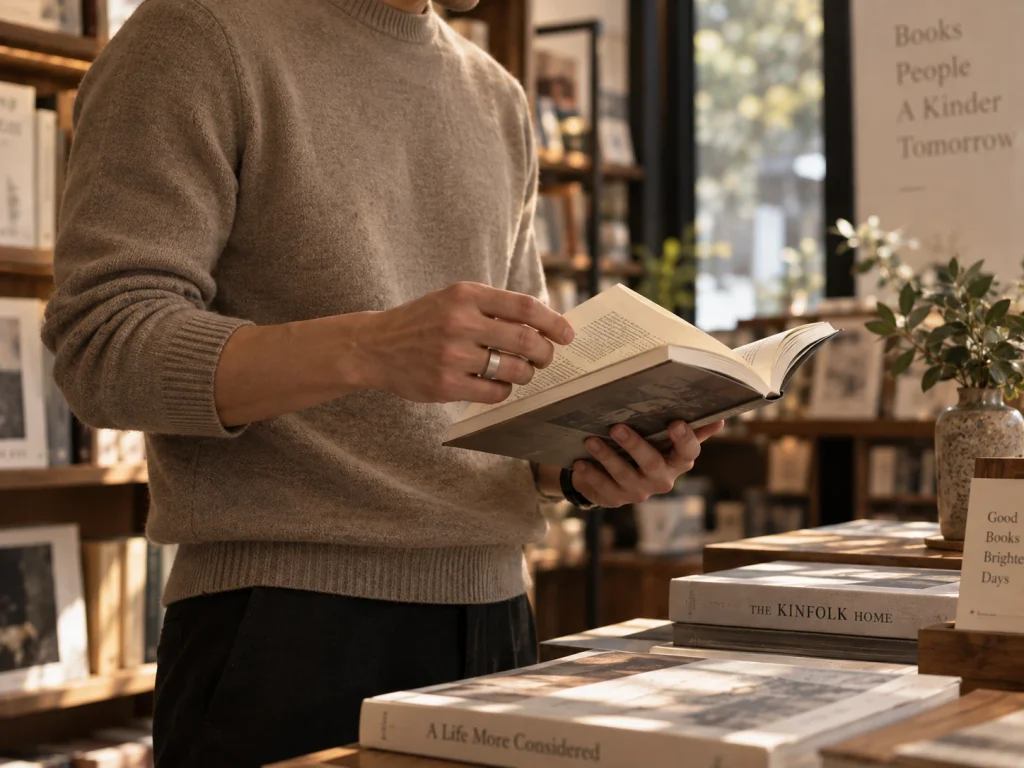 Man wearing subtle titanium jewelry while reading a book in a sunlit bookstore