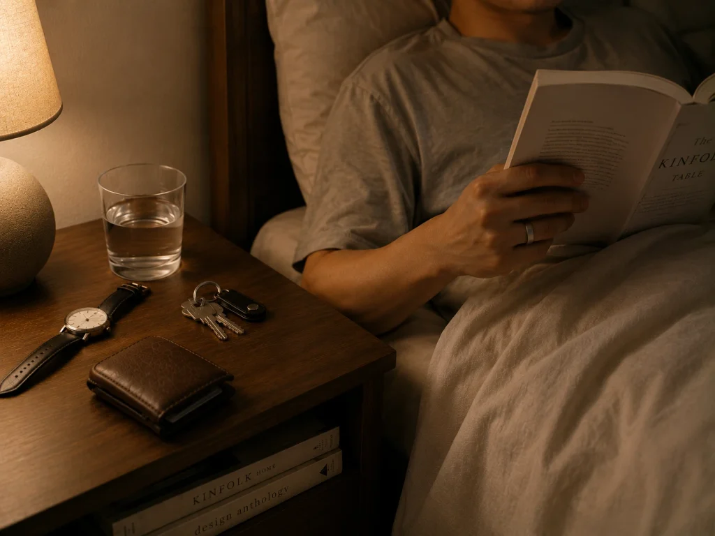 Person wearing minimalist titanium jewelry reading a book in bed under soft evening light