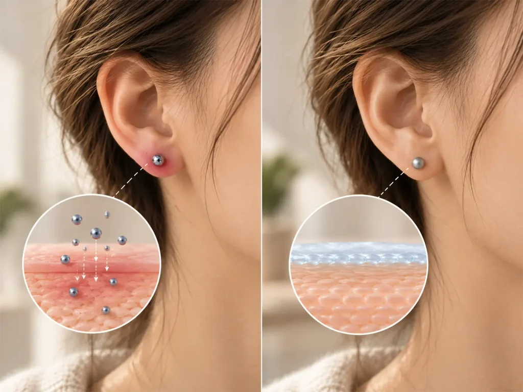Side by side comparison of a red irritated earlobe from nickel release versus healthy skin with titanium jewelry.