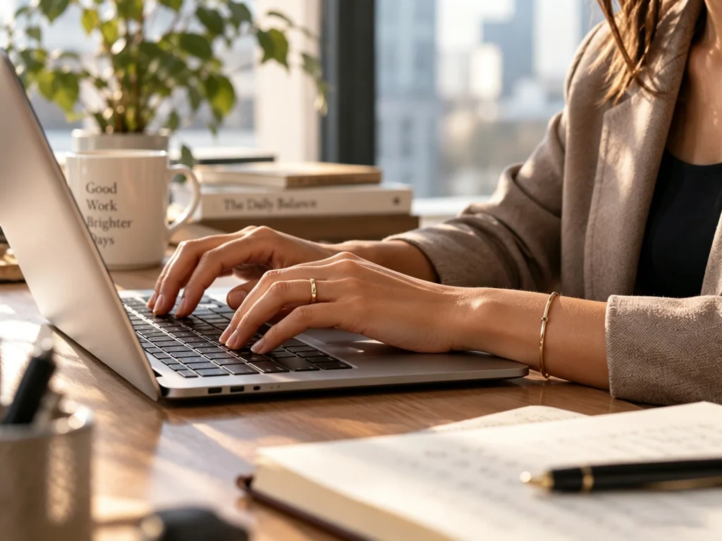 A professional woman wearing minimalist ring and cuff bracelet typing on a laptop at a sunlit wooden workspace, showing everyday jewelry in daily work life for LUVERIKO Journal