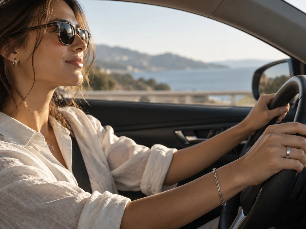 Woman wearing comfortable LUVERIKO minimalist everyday jewelry while driving