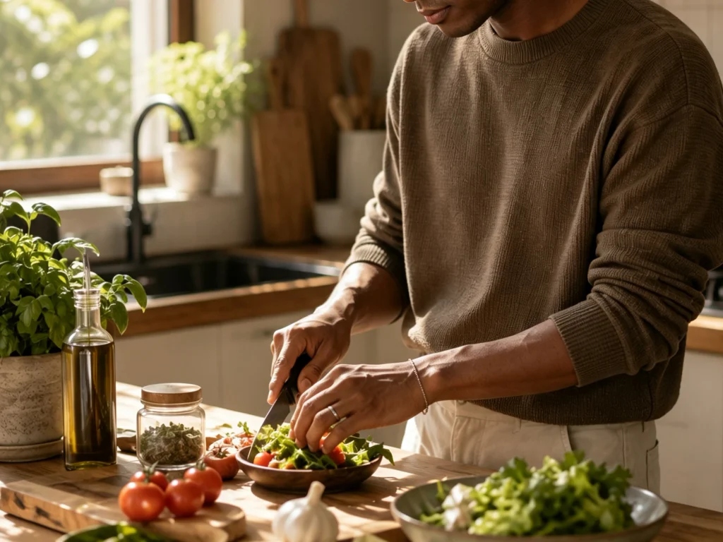 Close-up of hands wearing durable titanium jewelry while preparing food in a modern kitchen