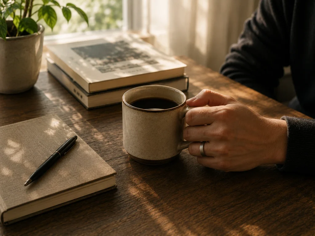 Hand wearing minimalist titanium ring holding a coffee cup at a wooden desk in bright morning light
