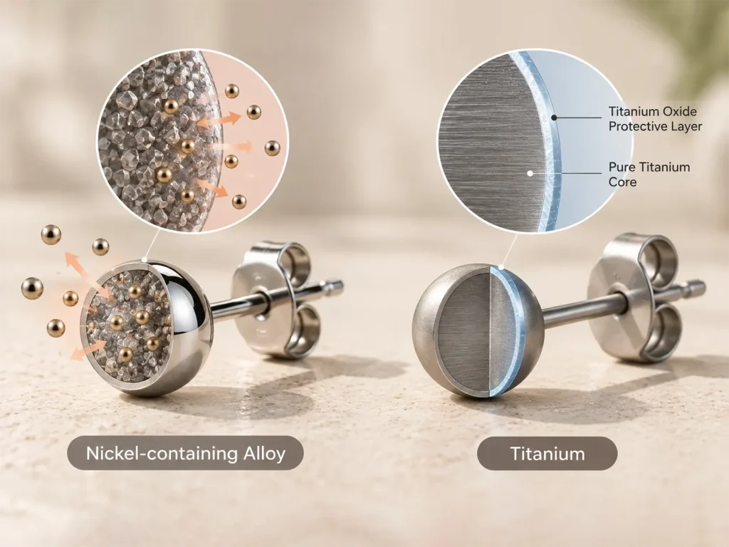Microscopic breakdown of nickel alloy releasing metal ions versus titanium dioxide oxide layer protection.