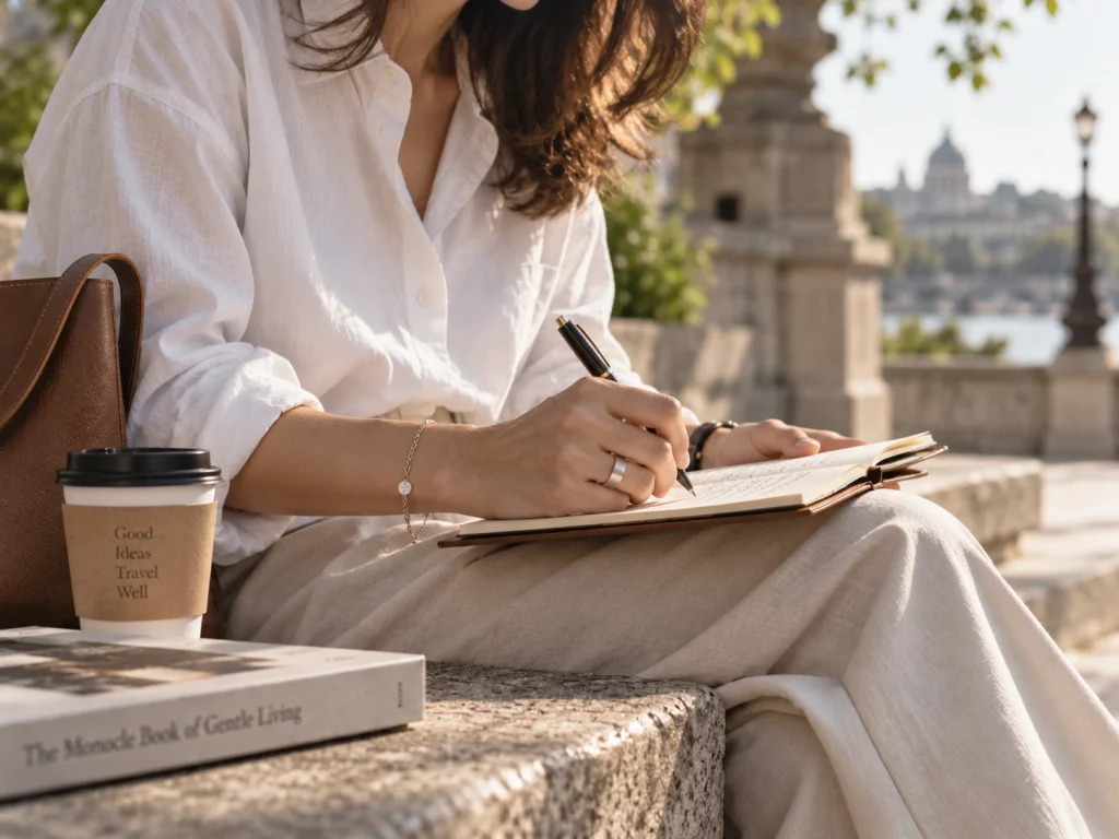 Person writing in a journal outdoors wearing minimalist everyday jewelry and holding coffee