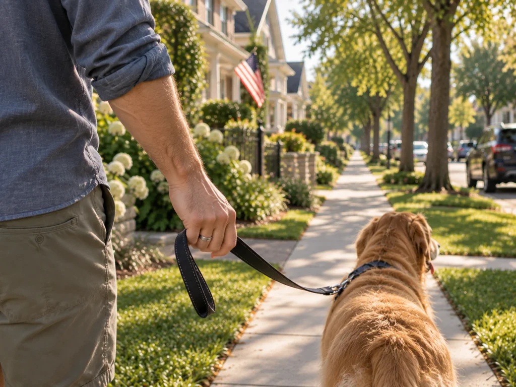 Close-up of a man wearing a minimal silver band ring holding a dog leash while walking a golden retriever on a sunny neighborhood sidewalk, illustrating everyday jewelry during outdoor routine