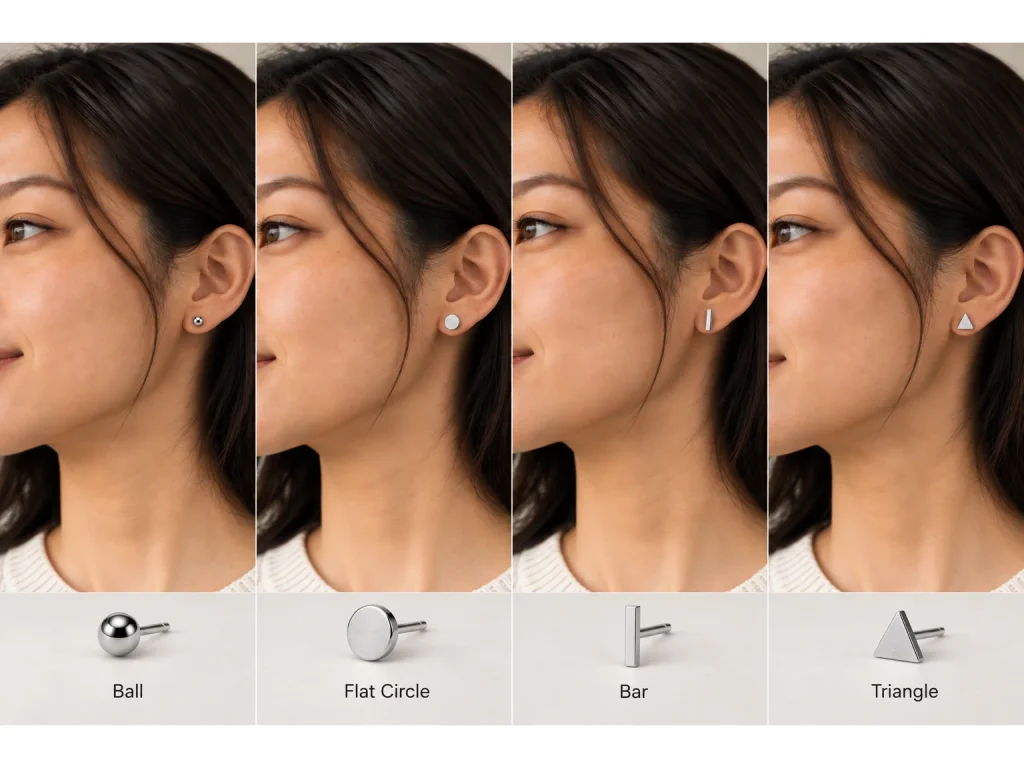 Comparison of Ball, Flat Circle, Bar, and Triangle stud earring shapes on the same person showing jewelry proportions and visual balance