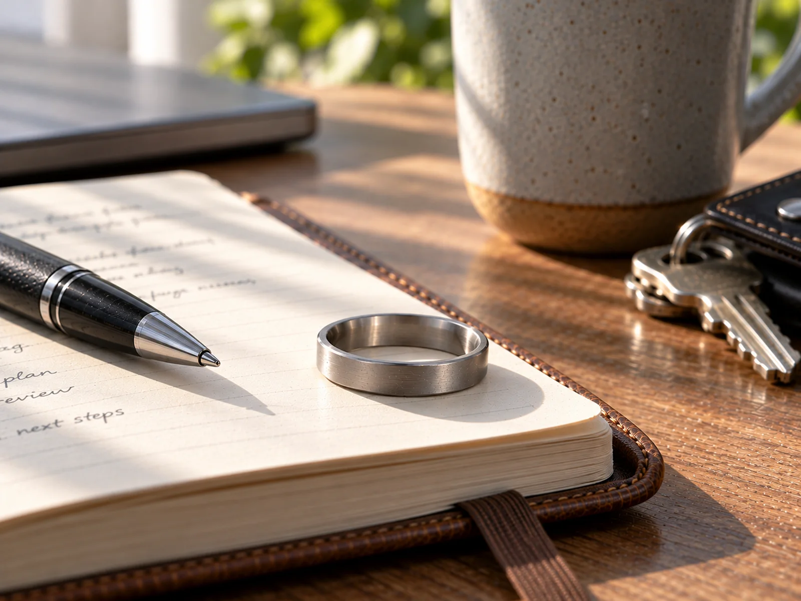 Minimalist titanium ring sitting on a leather notebook during everyday carry wear testing on a desk