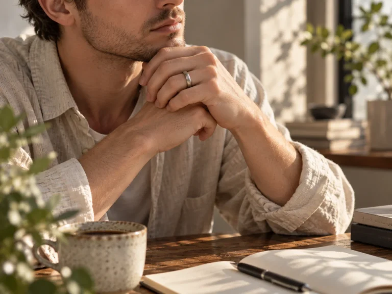 Man wearing a minimalist ring with refined jewelry finishes sitting at a wooden desk in warm natural light