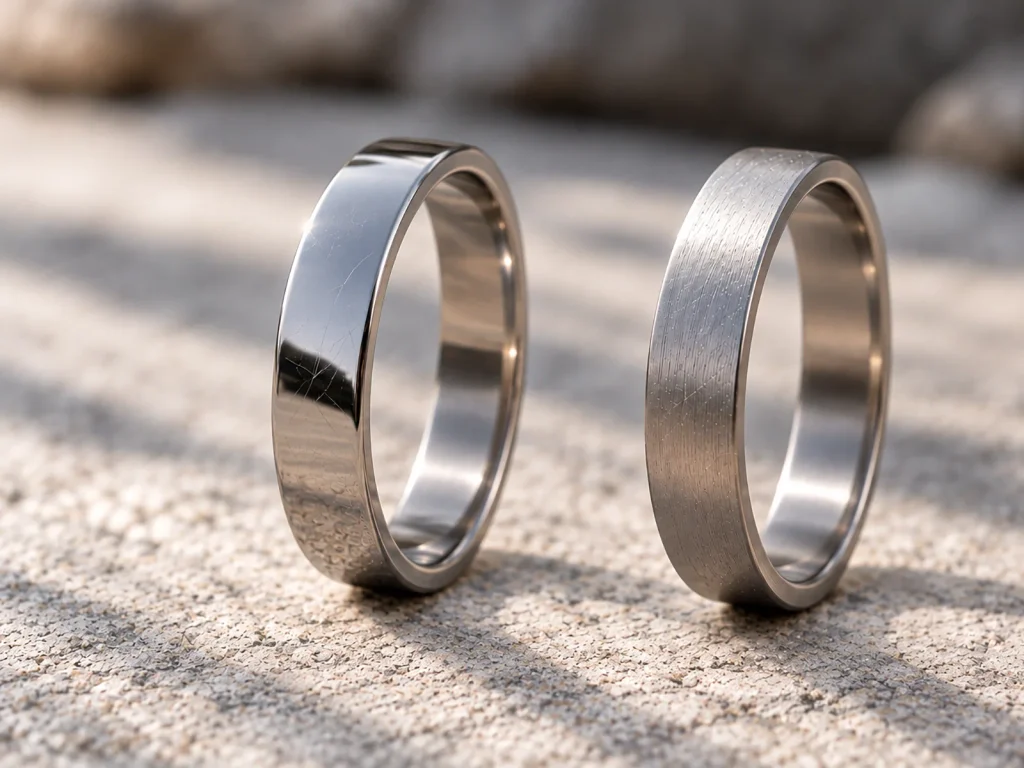 Comparison of polished and brushed titanium rings showcasing surface finishes and scratch resistance