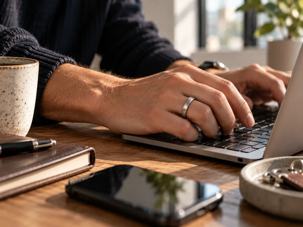 Close-up of hands typing on a laptop keyboard wearing a minimalist ring demonstrating daily wear on jewelry finishes