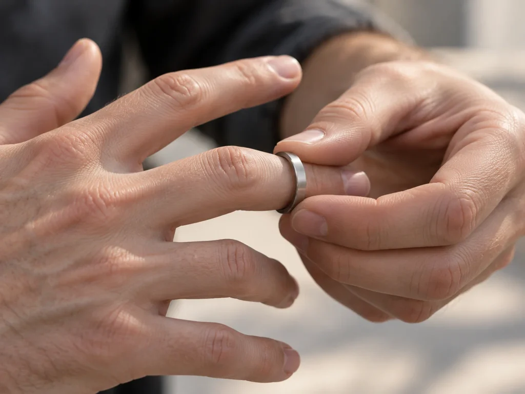 Close-up of a man sliding a titanium band over his finger knuckle during fit testing