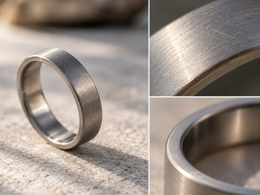Close-up macro detail of a brushed titanium ring showing subtle surface wear and character after a year of use