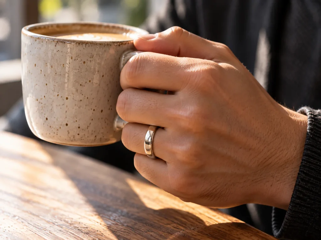 Hand holding a ceramic coffee mug wearing a silver ring showing subtle character and satin jewelry finishes