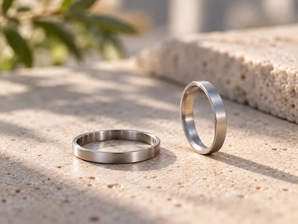 Two titanium ring bands of different widths and proportions placed on stone background